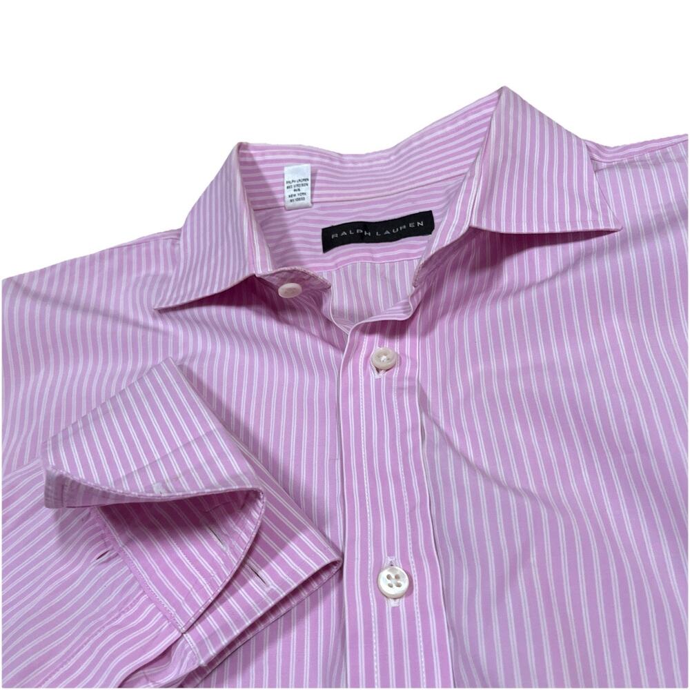 Ralph Lauren Black Label Shirt 17 Pink White Striped French Cuff Italy Stains